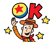 a cartoon of woody from toy story holding a ball and the word ok above him