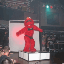 elmo the sesame street mascot is dancing on a stage in front of a crowd