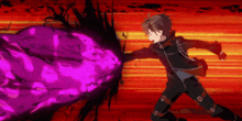 a man in a black jacket and black pants is standing in front of a purple explosion