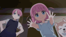 two anime girls with pink hair are standing next to each other