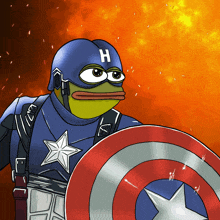 a cartoon of a frog dressed as captain america holding a shield with the letter h on it