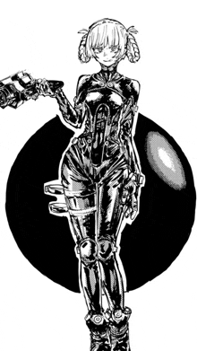 a black and white drawing of a robot girl holding a gun .