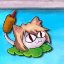 a cartoon cat is sitting on a lily pad in a pool holding a ketchup bottle .