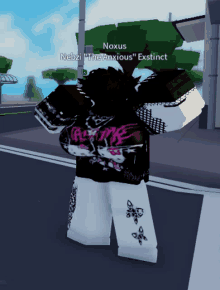 a video game character named noxus is standing on the street