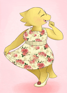 a yellow cartoon character wearing a floral dress and white shoes