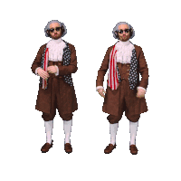 two men dressed as benjamin franklin are dancing together