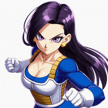 a female anime character with purple hair and a blue outfit is standing in a boxing pose .