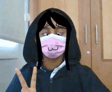 a person wearing a black hoodie and a pink face mask with the letter w on it