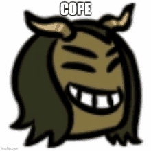 a cartoon character with horns and long hair is smiling and making a face .