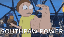 a cartoon character is flexing his muscles and the words southpaw power are visible behind him .