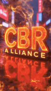 a neon sign that says cbr alliance with flames behind it