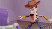 woody from toy story is standing next to buzz lightyear in a room with his mouth open .