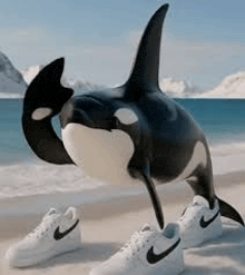 a killer whale is standing on a beach next to a pair of white nike shoes .