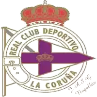 a logo for real club deportivo la coruna with a purple cross and a crown