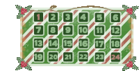 a green and red striped calendar with numbers from 1 to 24