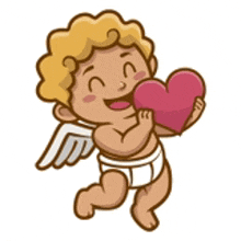 a cartoon cupid is holding a heart in his hand .