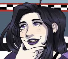 a cartoon drawing of a woman with purple lipstick and black nails