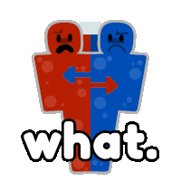 a red and blue cartoon character with the words what written below them