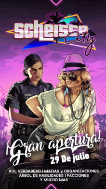 an advertisement for scheisse city shows a police officer and a woman in handcuffs