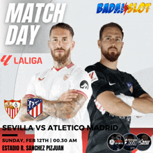 a poster for sevilla vs atletico madrid shows two soccer players