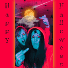 a halloween poster with two women giving the middle finger in front of a full moon