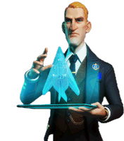 a man in a suit and tie is holding a triangle shaped object