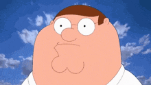 peter griffin from family guy making a funny face with a blue sky in the background