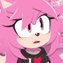 a close up of a cartoon character wearing a black shirt that says i love