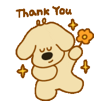 a cartoon dog is holding a flower and the words thank you are above it