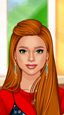 a woman with long red hair and green eyes wearing earrings