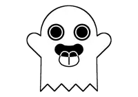 a black and white drawing of a ghost with its tongue out