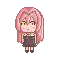 a pixel art drawing of a girl with long pink hair and yellow eyes .