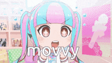 a pink and blue anime girl with the word movvy written on her face