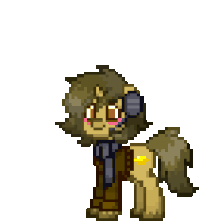 a pixel art of a brown pony wearing headphones and a scarf .