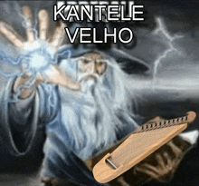 a man with a beard is holding a harp and the words kantele velho are above him