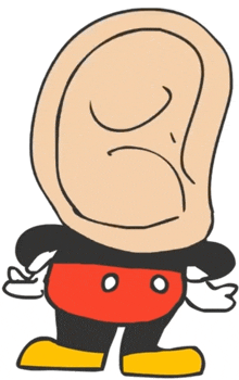 a cartoon drawing of mickey mouse with a large ear instead of a face