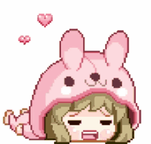 a pixel art drawing of a girl wearing a pink rabbit hat