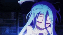 a blue haired anime girl is standing in a dark room .