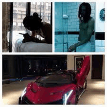 a collage of pictures of a man , a woman , a car and a shower .