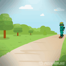 a cartoon of a ninja riding a skateboard with pizzaninjas on the bottom right