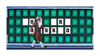 a man in a costume is walking in front of a wheel of fortune game