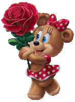 a teddy bear wearing a red polka dot dress is holding a large red rose