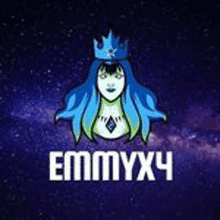 a logo for a company called emmyx4 with a woman wearing a crown and blue hair .