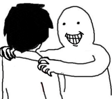 a black and white drawing of a person hugging another person with a smiling face .