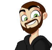 a cartoon man with a beard and green eyes is smiling