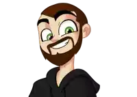 a cartoon man with a beard and green eyes is smiling