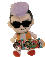 a stuffed toy with sunglasses and a mohawk holding a skateboard