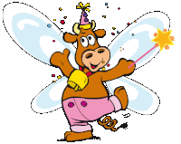 a cartoon cow wearing a party hat and wings holding a wand