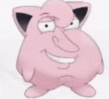 a pink cartoon character is smiling and looking at the camera .