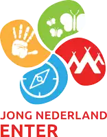 a logo for jong nederland enter shows a hand a compass and butterflies